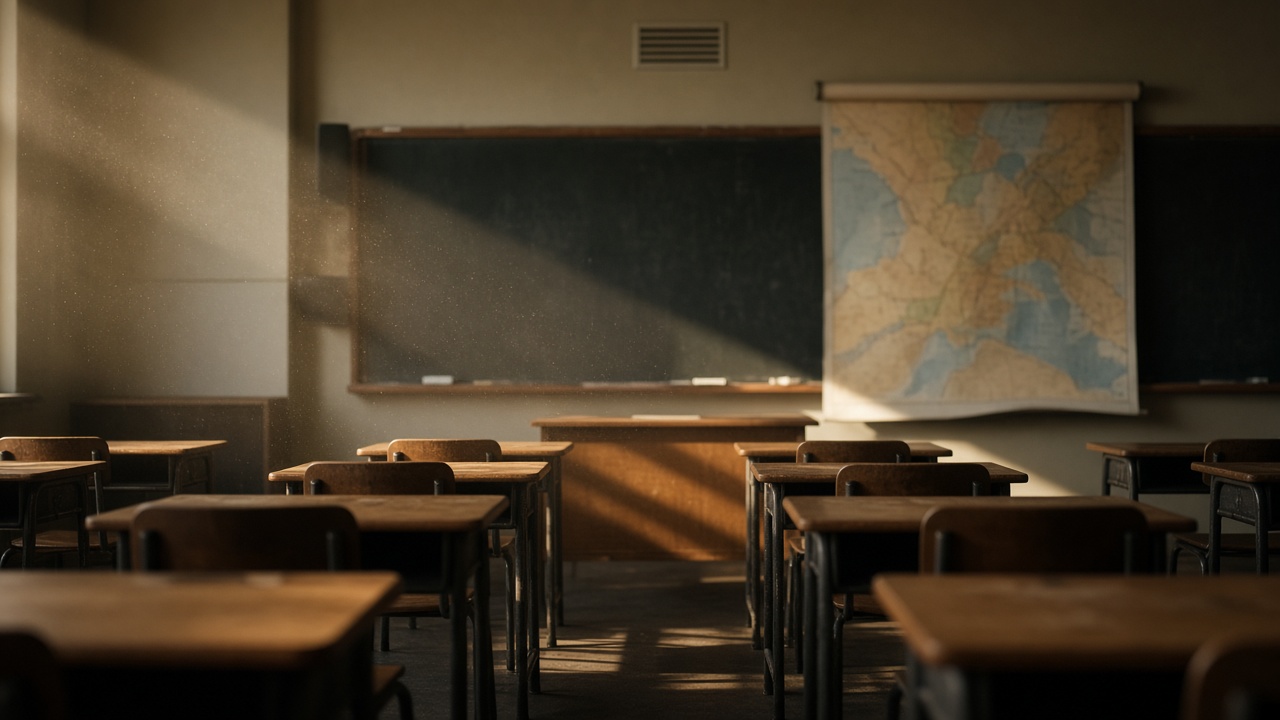 An empty classroom in late sun with a blurred roller map and wooden desks