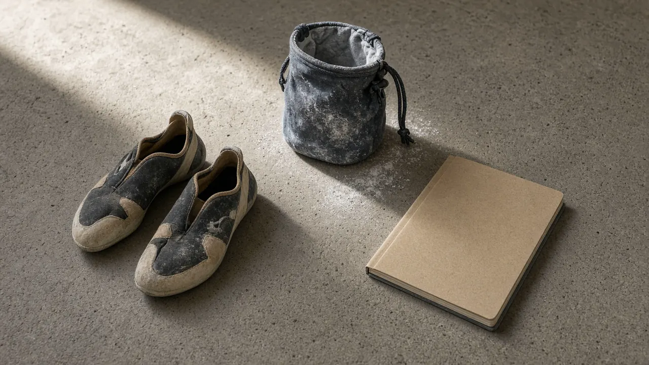 Climbing shoes, a chalk bag, and a closed sketchbook on a concrete floor