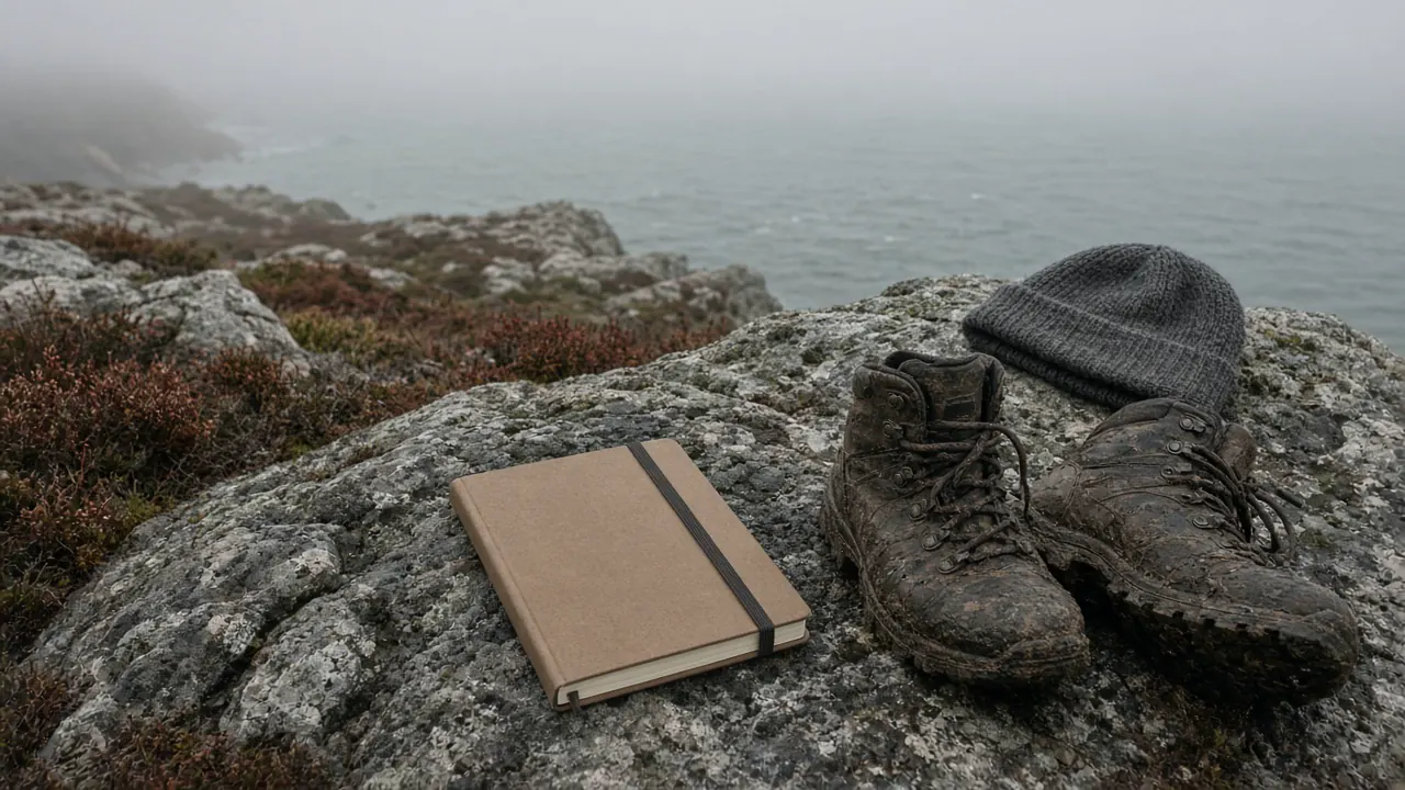 Muddy boots and a closed field notebook on a coastal rock in fog