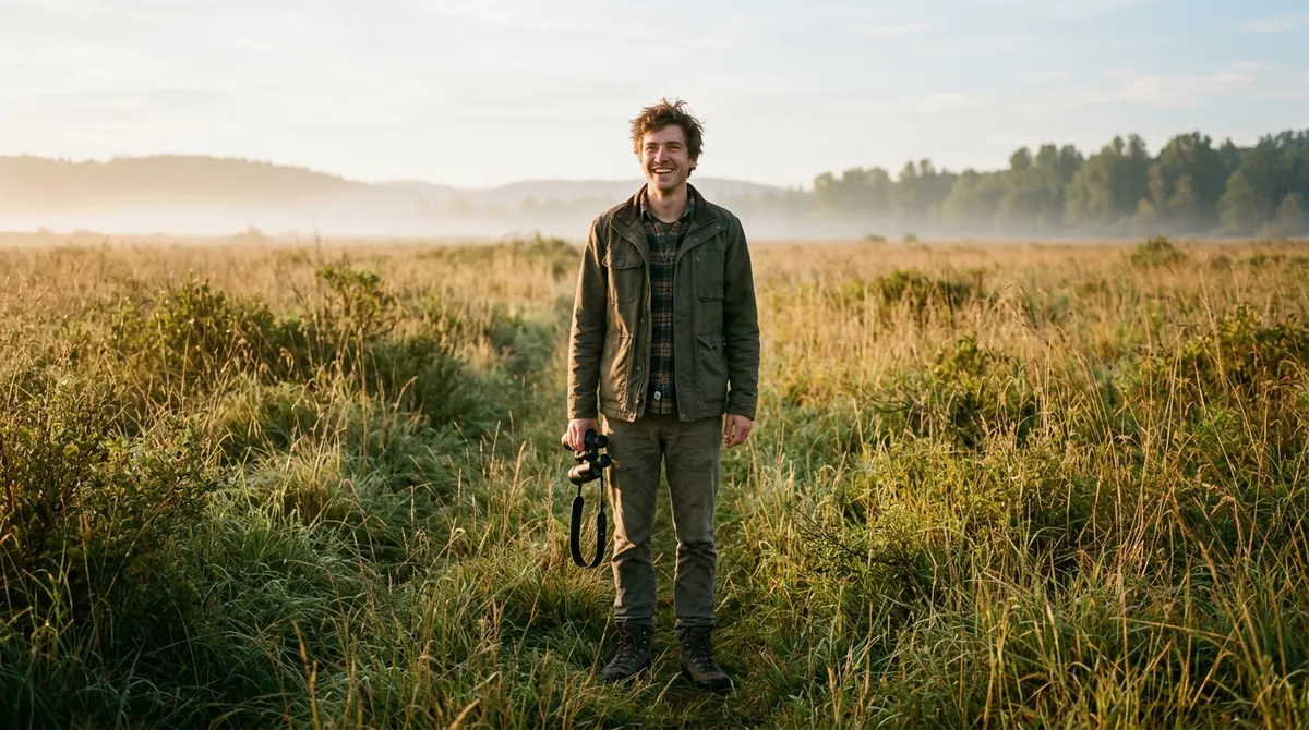 A man in a morning meadow, binoculars lowered, pleased by what he just saw.