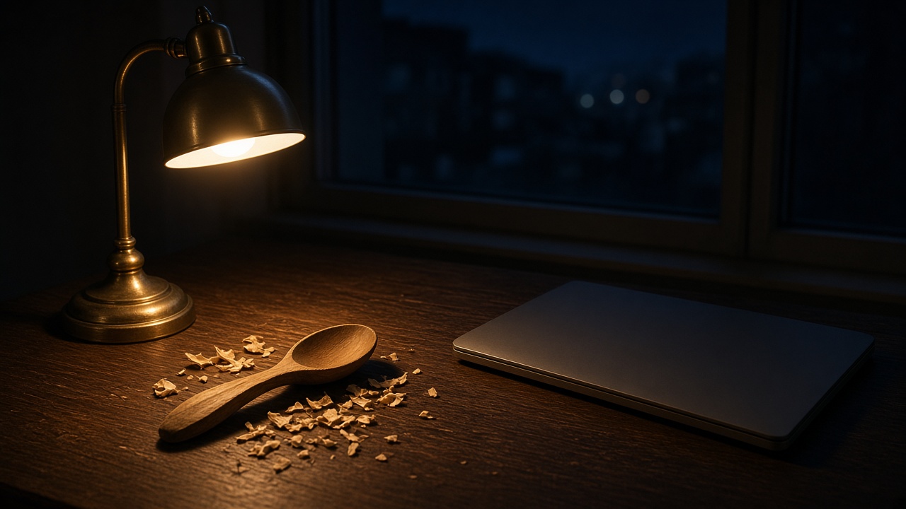 A half-carved wooden spoon and a closed laptop under a brass lamp at night