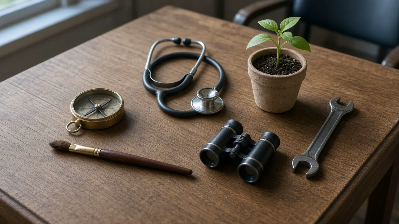 Six objects on an oak desk: compass, brush, stethoscope, wrench, seedling, and theatre binoculars