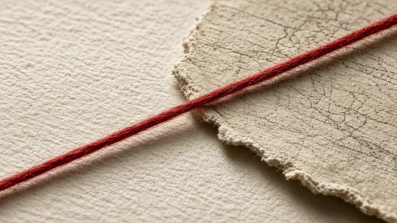 A red cotton thread across cream laid paper and the edge of an old map