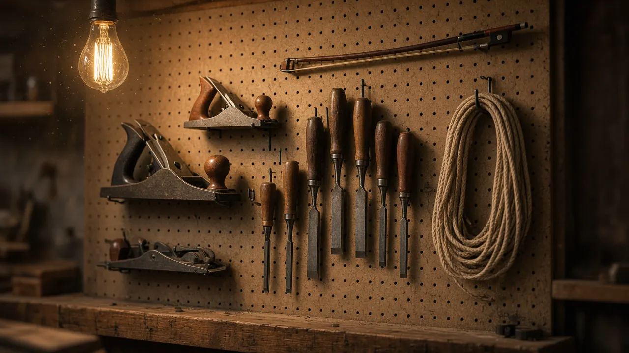 A workshop pegboard of hand tools with a violin bow hanging among them