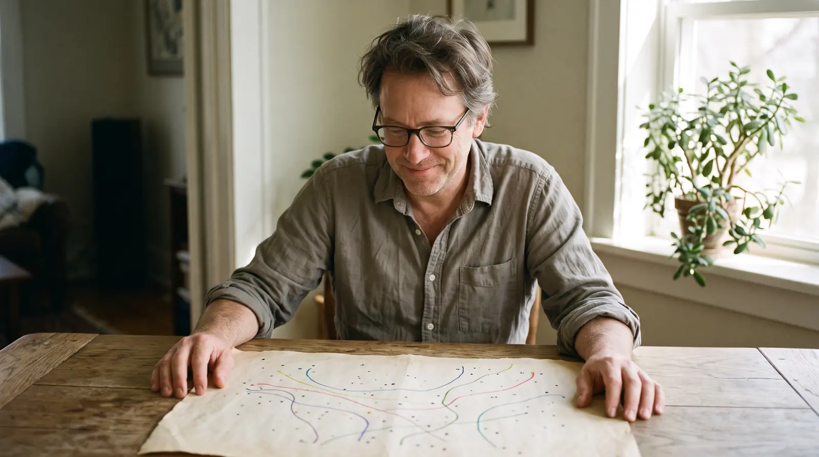 A man at a sunlit table, looking at a hand-drawn map of his interests with relief.