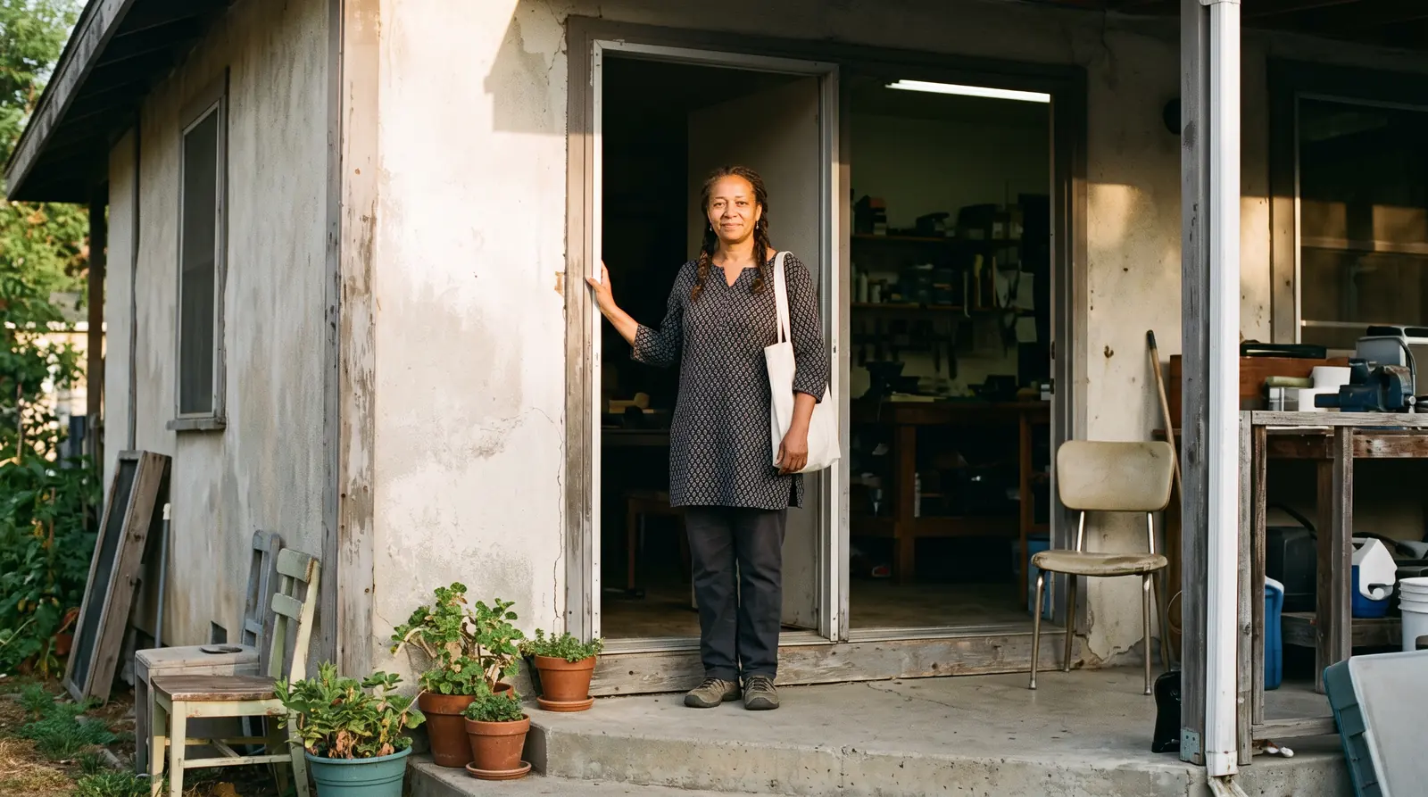 A woman in a doorway at morning, ready for work that feels like hers.