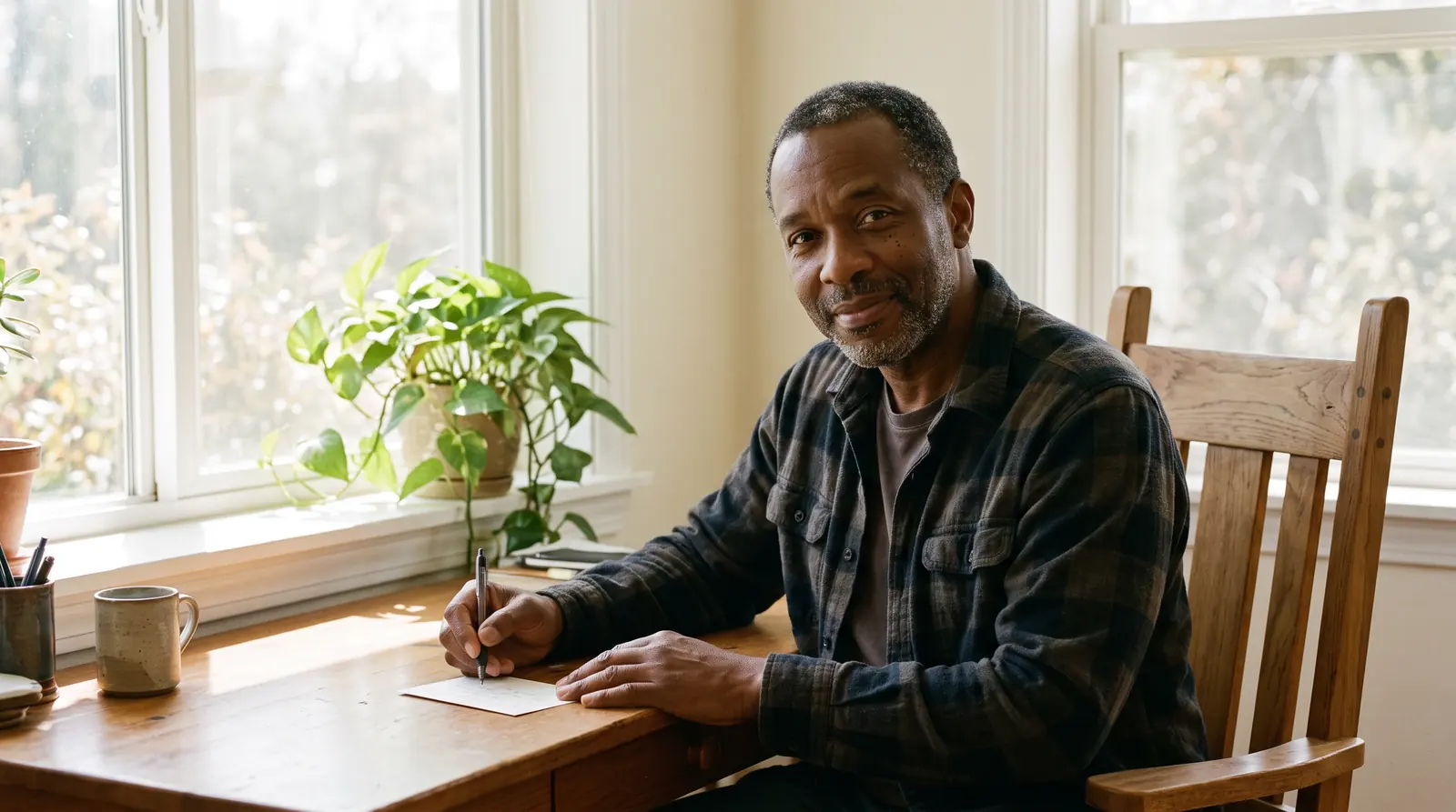 A man at a sunlit desk by a window, writing a short note.