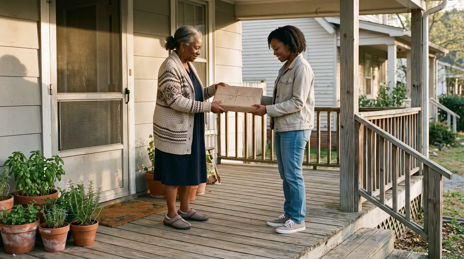 On a morning porch, one woman hands a flat wrapped package to another. Both look shy and happy.