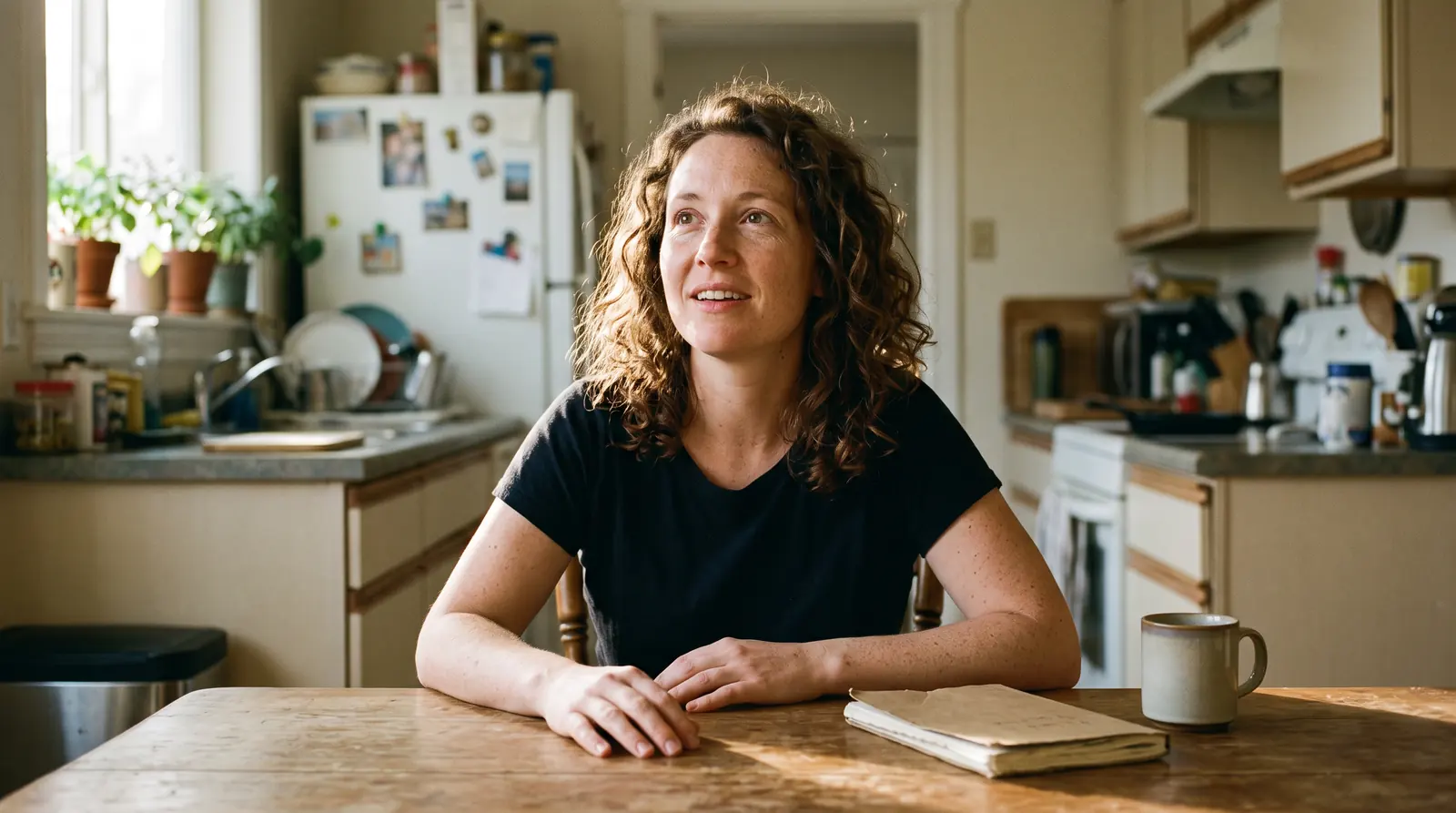 A woman at a kitchen table in the morning, looking up as if she has just named something true.