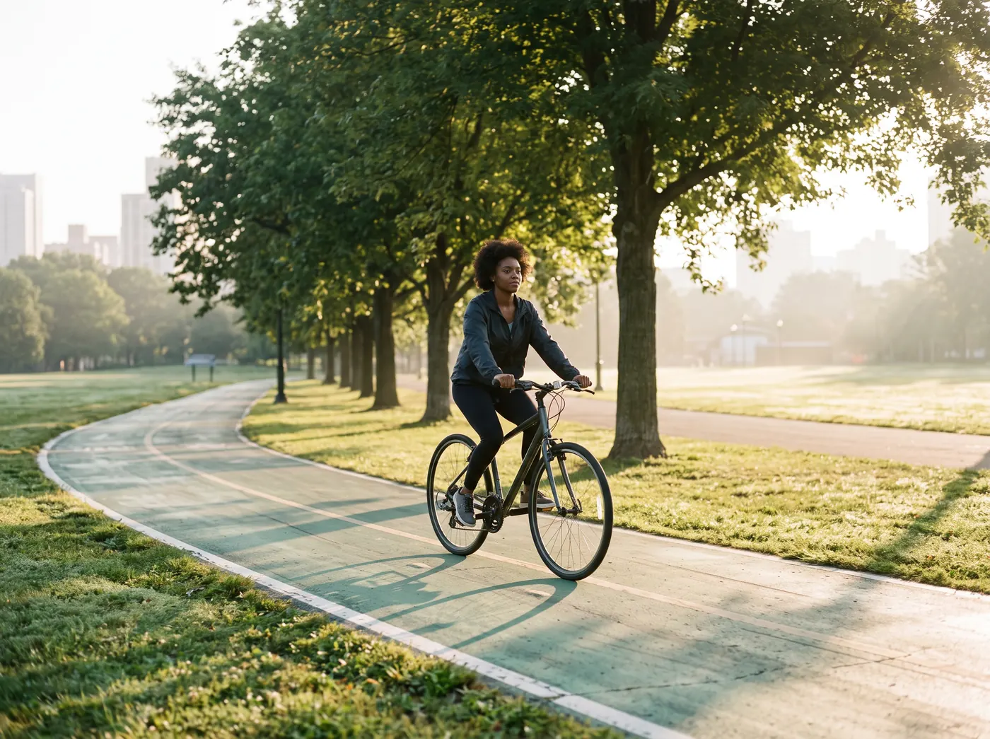 A woman biking a painted city path at sunrise, easy and sure of the route.