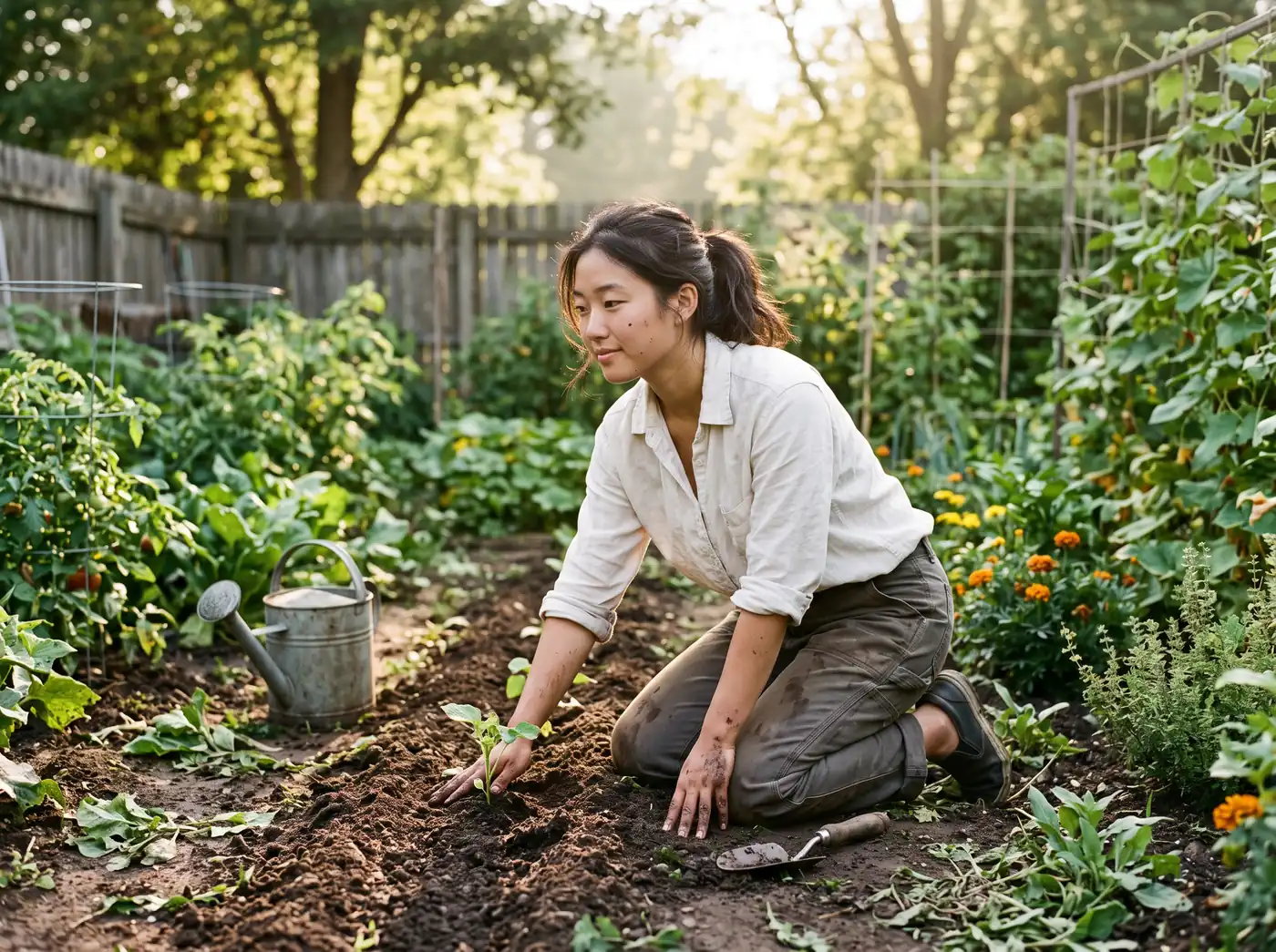 A woman kneeling in a vegetable garden, setting a seedling into the row.
